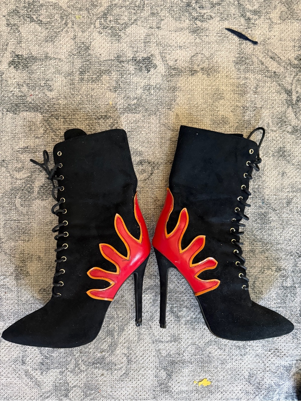 Women's Black Lace-Up Stiletto Ankle Boots with Red Flame Detail